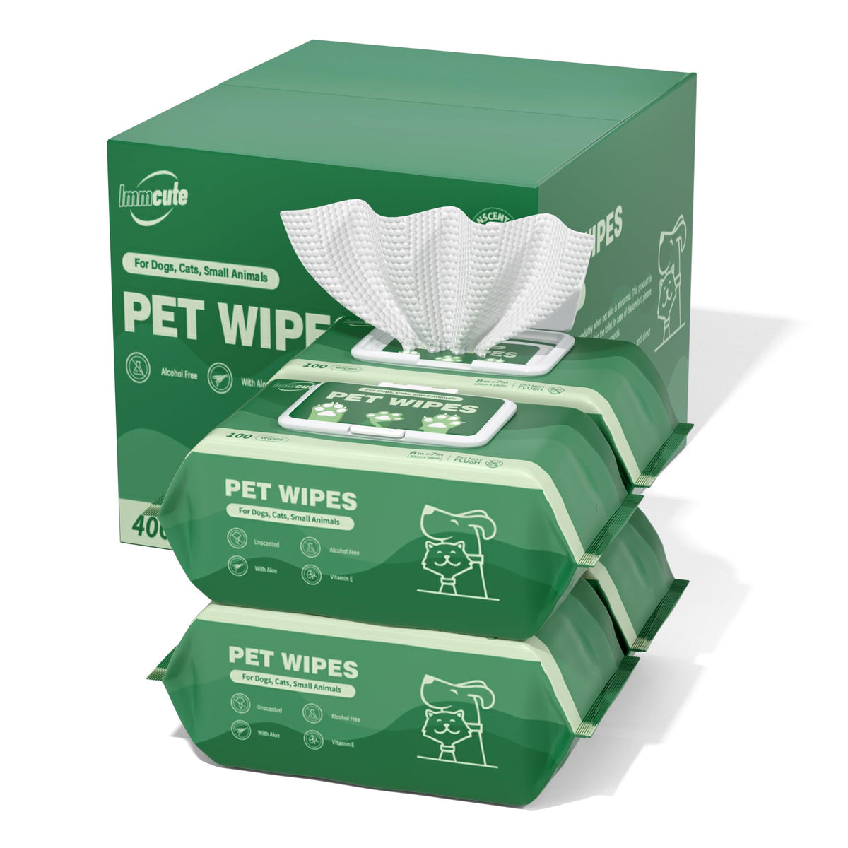 IMMCUTE 400-piece dog wipes box front, convenient for quick pet cleaning.