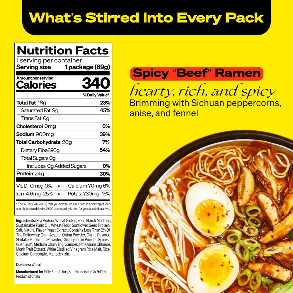 Immi Spicy Vegan Beef Ramen ingredients close-up highlighting plant-based protein