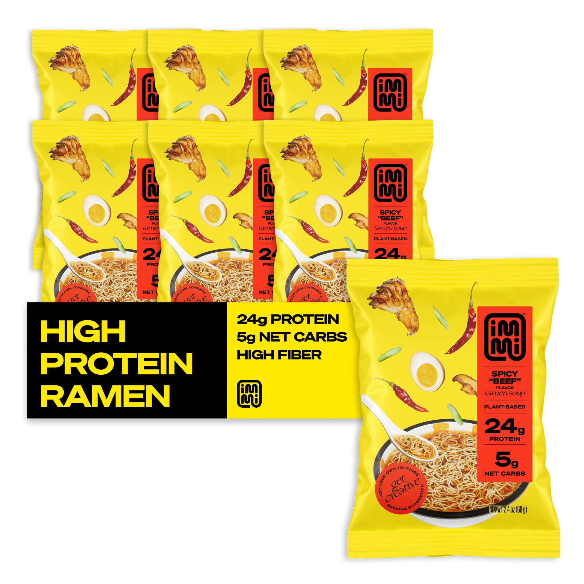 Immi Spicy Vegan Beef Ramen packaging showing a six-pack for quick meals