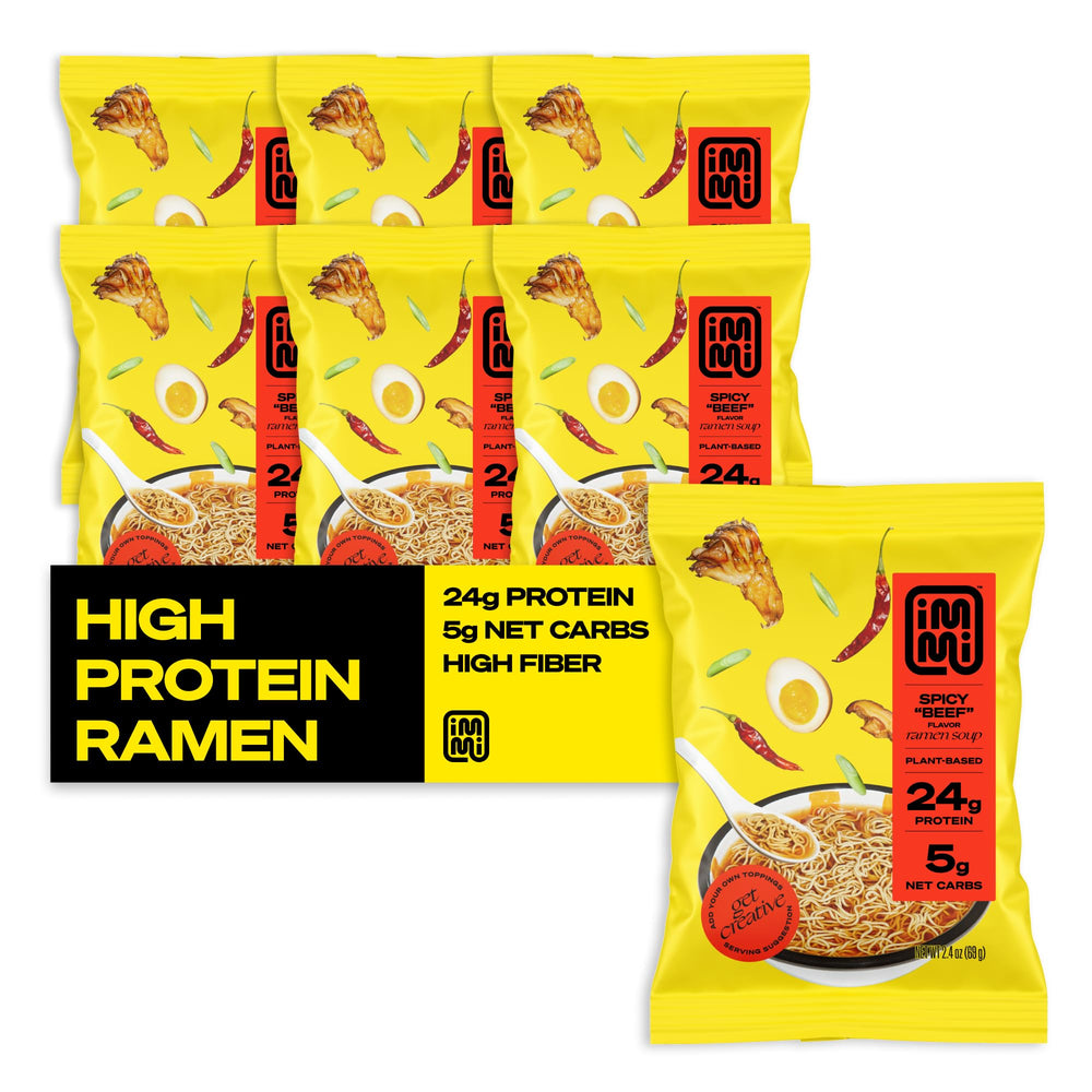 Immi Spicy Vegan Beef Ramen packaging showing a six-pack for quick meals
