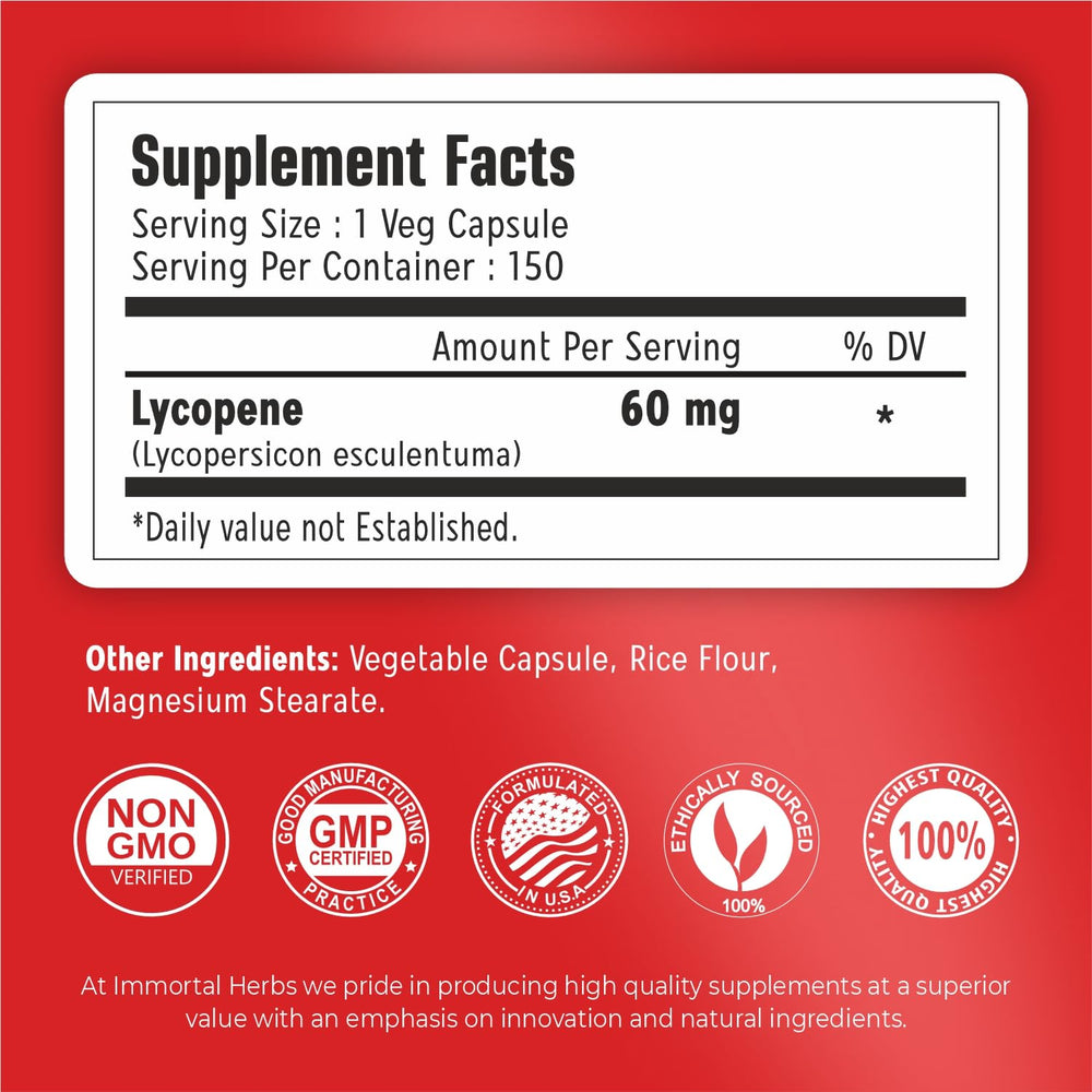 Immortal Herbs lycopene capsules arranged for a simple daily routine.