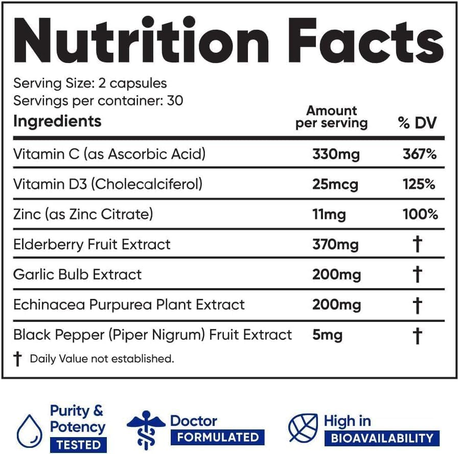 Immuneti 6-in-1 label front shows vitamin C, D3, zinc and elderberry benefits