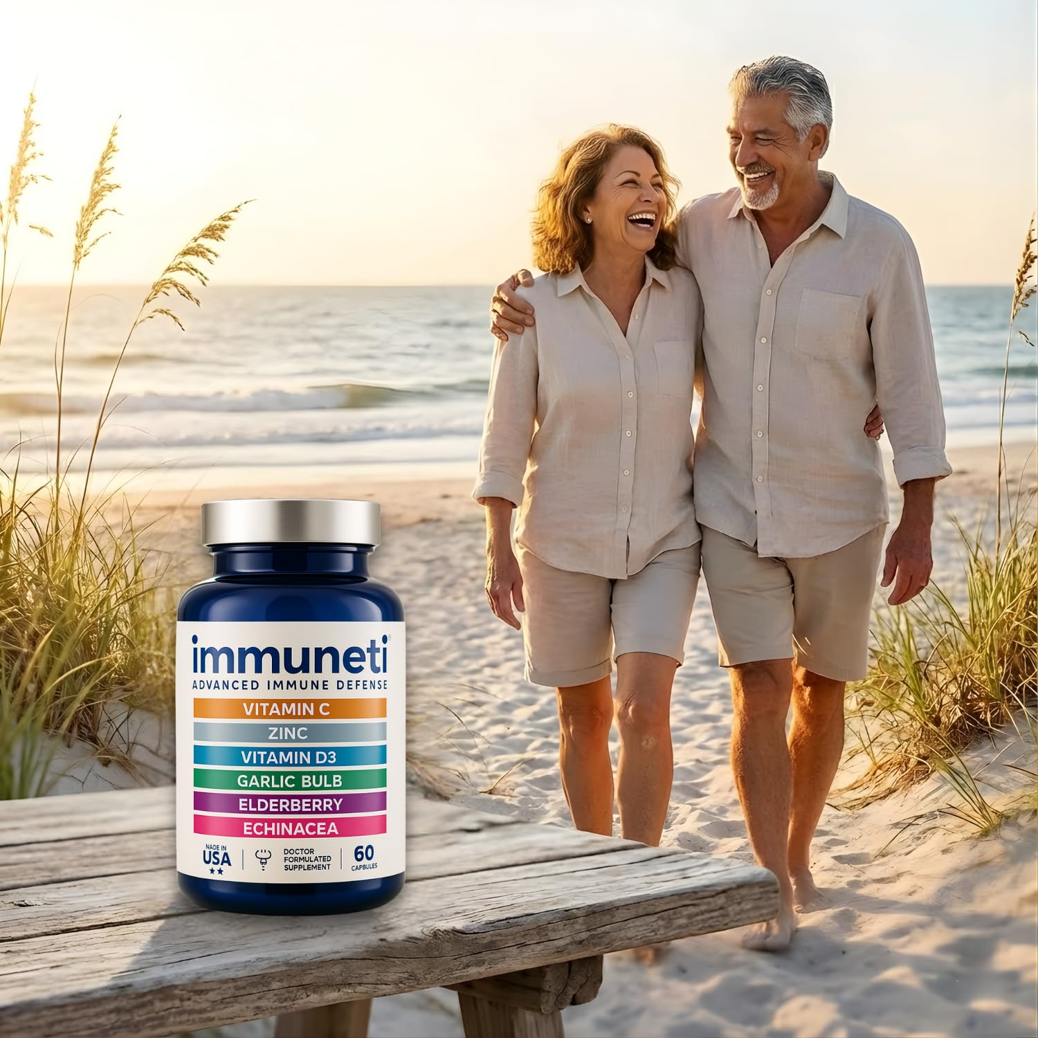 Immuneti Advanced Immunity bottle highlight USA-made production and clean ingredients