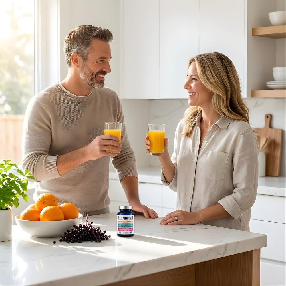 Immuneti vitamins on bottle emphasize zinc, vitamin C and garlic benefits