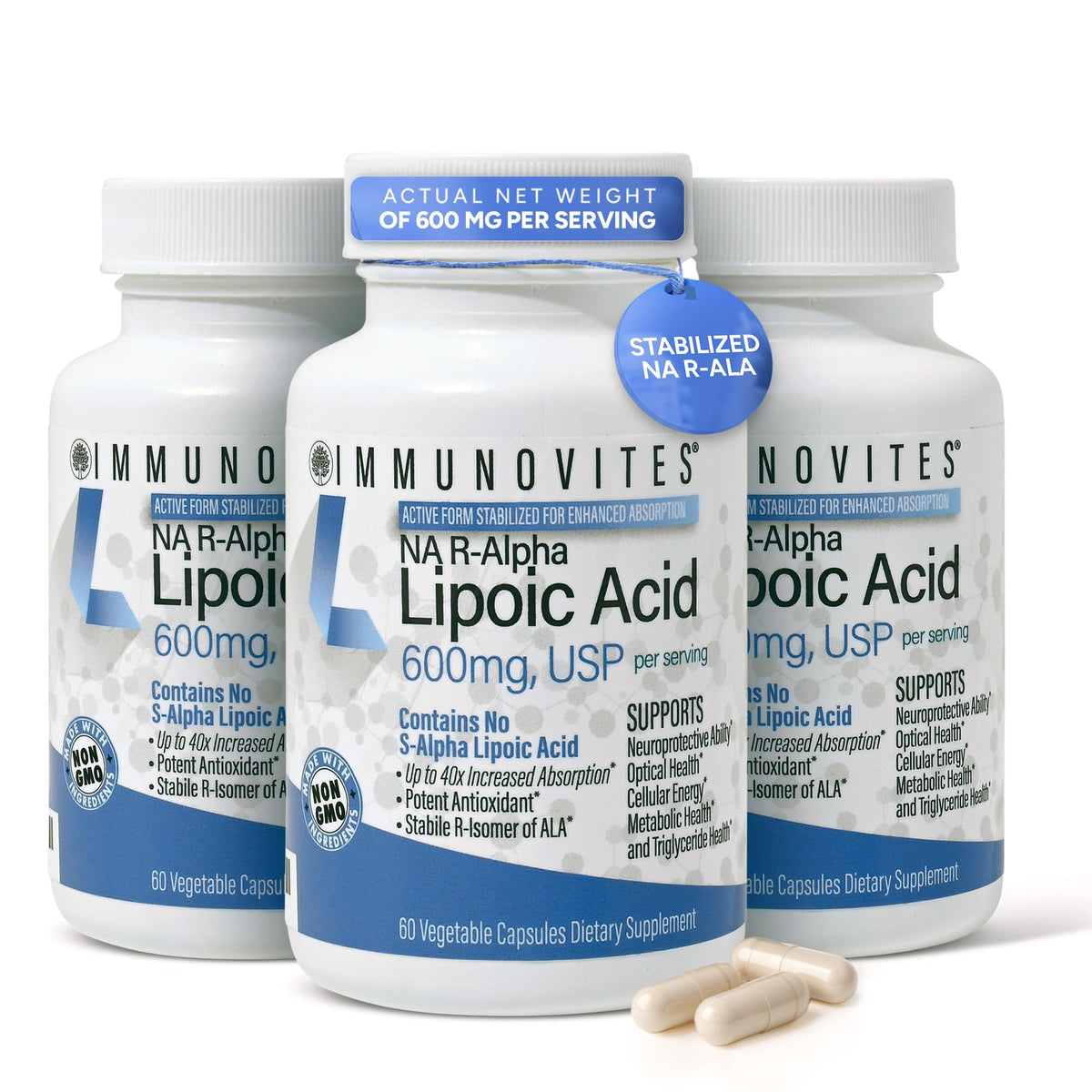 IMMUNOVITES stabilized R-ALA bottle highlights high-potency formula for daily antioxidant support
