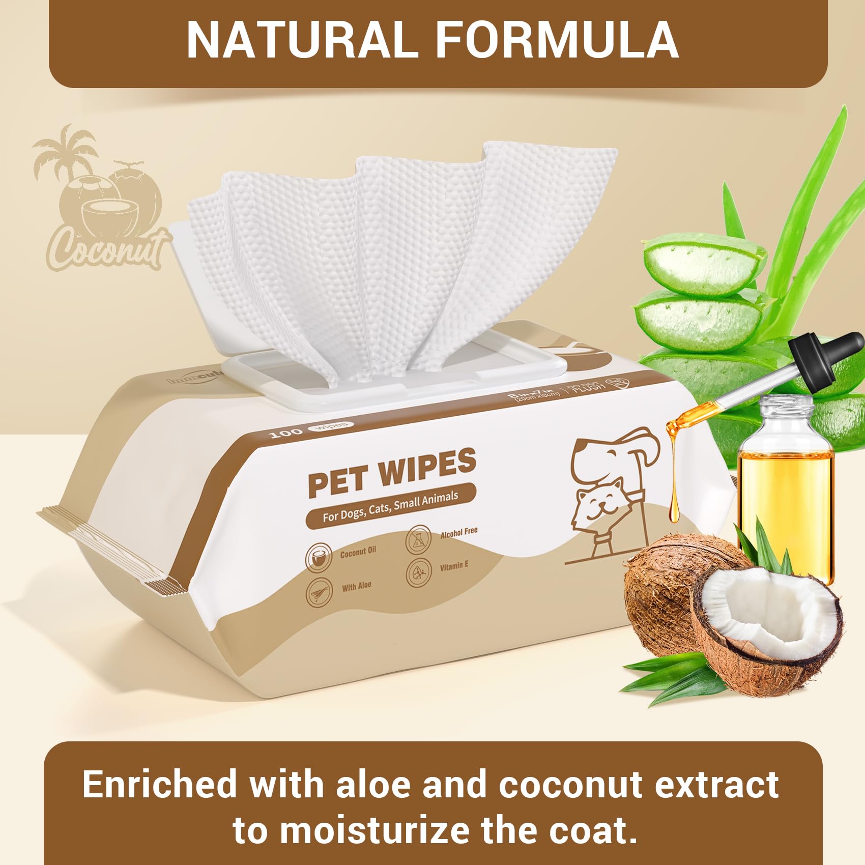 IMMCUTE coconut oil dog wipes thick and durable for tough paw and fur cleaning.