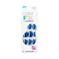 imPRESS colorFX Reconnect blue pearlescent nails showing a vivid high-gloss finish for quick at-home manicures