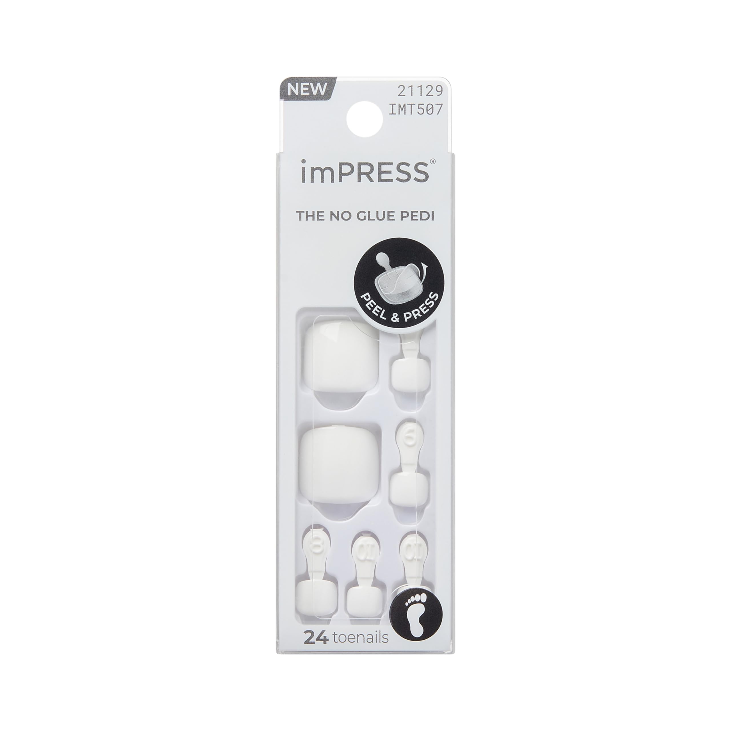 imPRESS Angel Vibes toenails shown for a quick at-home pedicure with no glue needed.