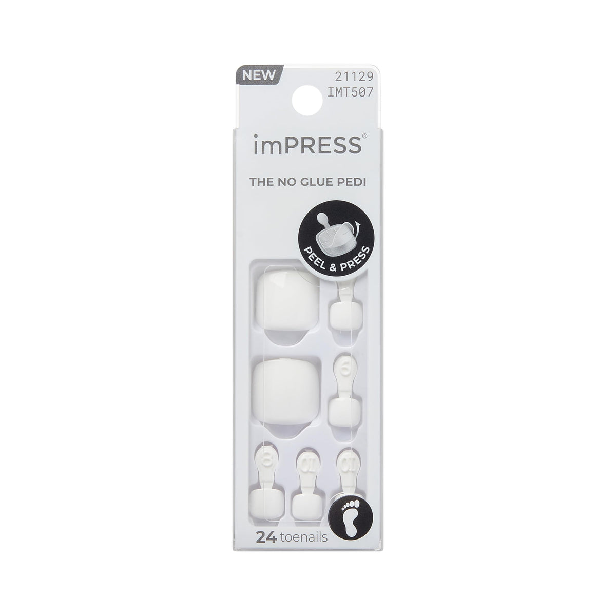 imPRESS Angel Vibes toenails shown for a quick at-home pedicure with no glue needed.