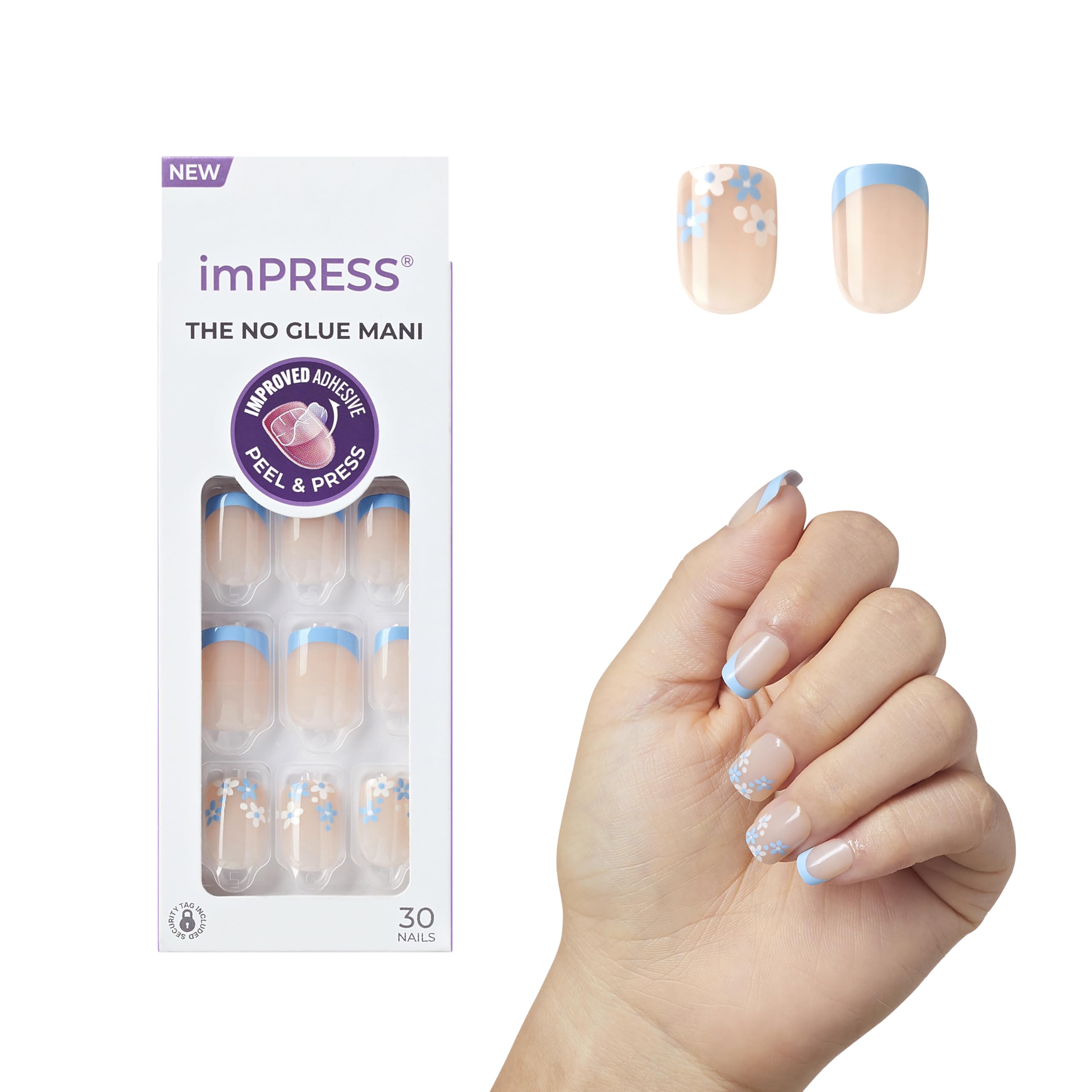 imPRESS Snooze blue squoval short set for quick, no-glue French nails at home.