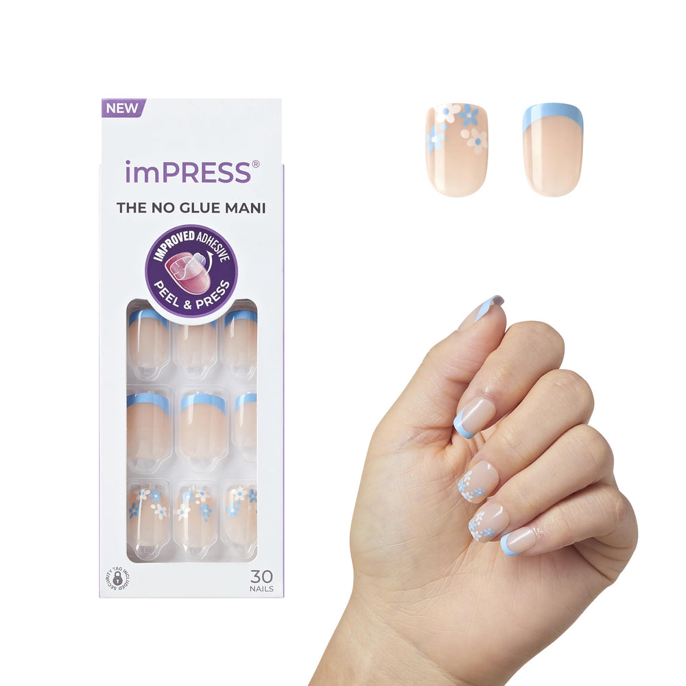 imPRESS Snooze blue squoval short set for quick, no-glue French nails at home.
