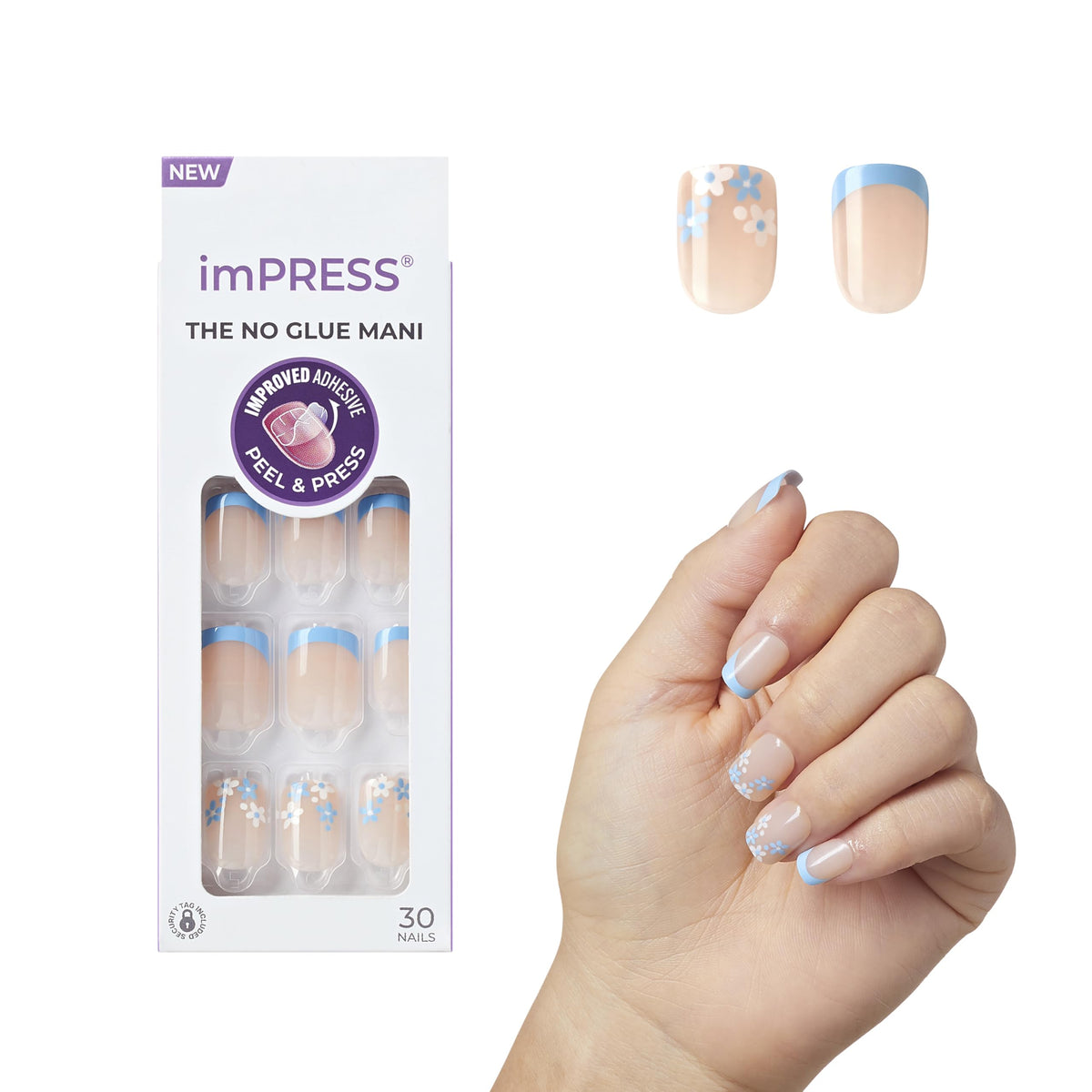 imPRESS Snooze blue squoval short set for quick, no-glue French nails at home.