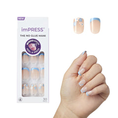 imPRESS Snooze blue squoval short set for quick, no-glue French nails at home.