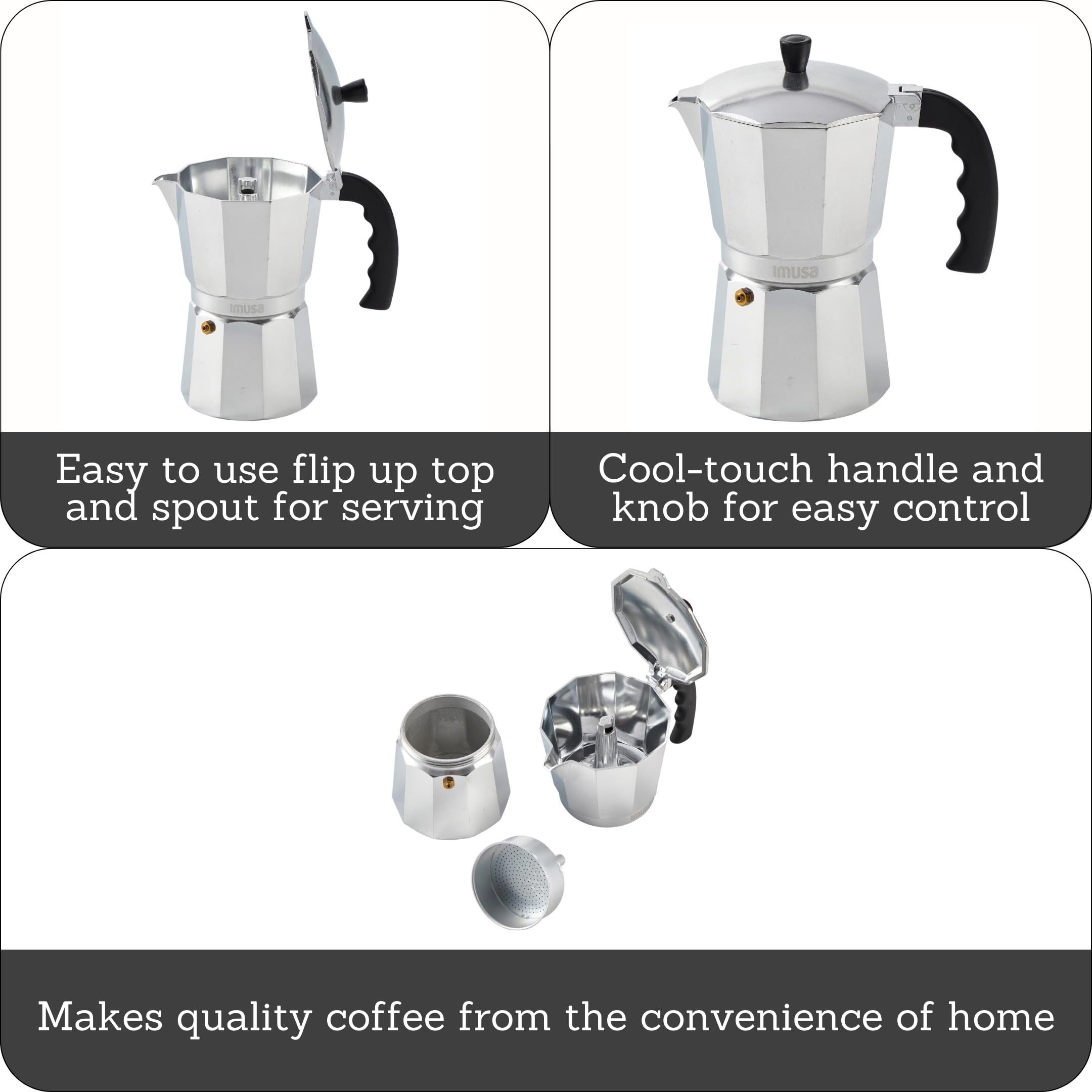 IMUSA cast aluminum moka pot handle close-up for safe grip