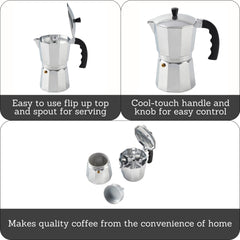 IMUSA cast aluminum moka pot handle close-up for safe grip