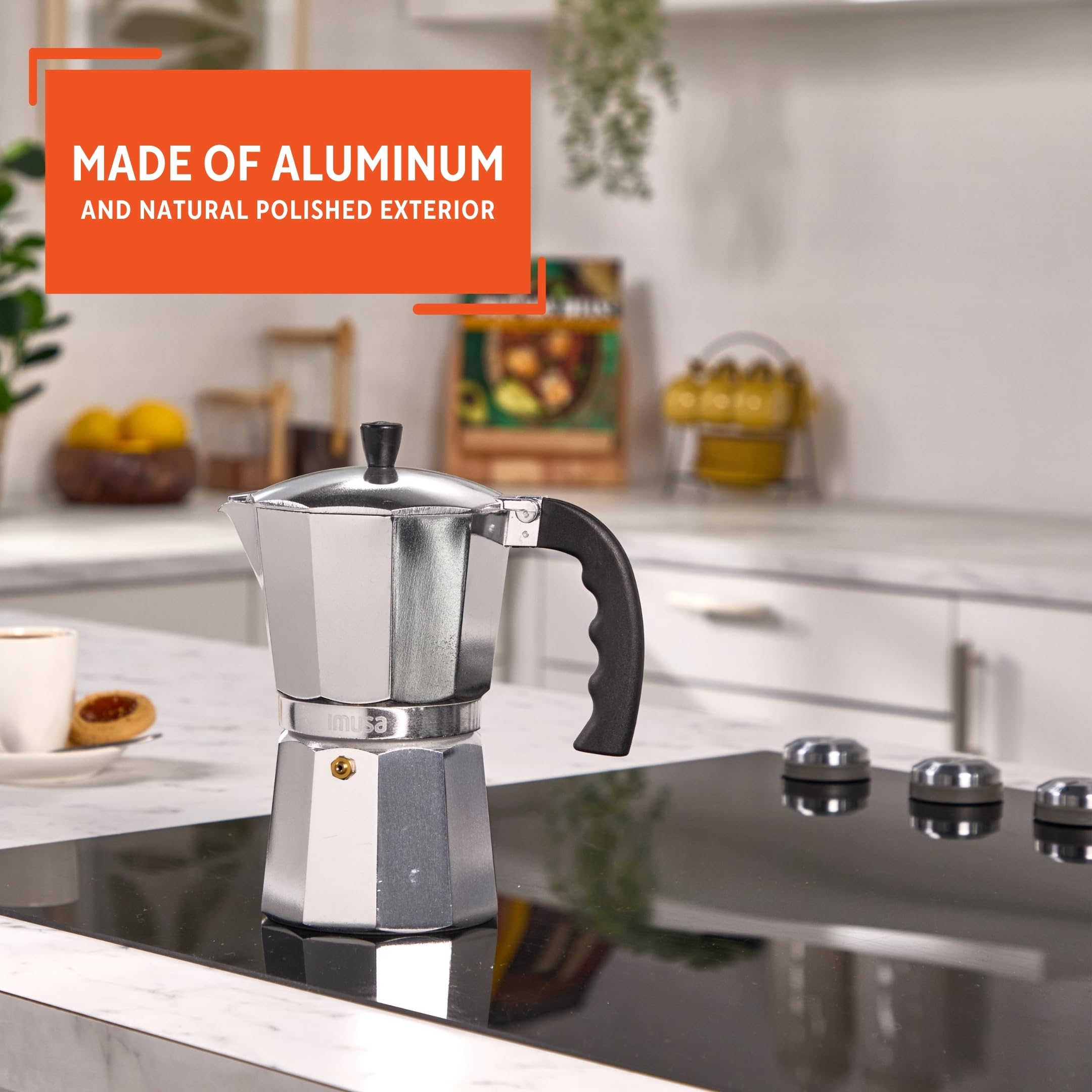 IMUSA moka pot flip-top design for easy serving