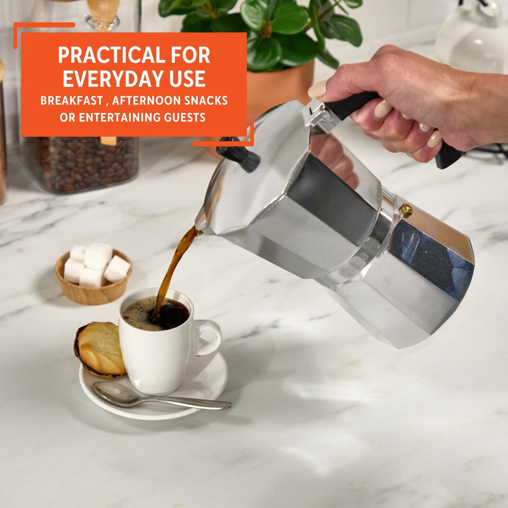 IMUSA moka pot on ceramic stove for versatile heating