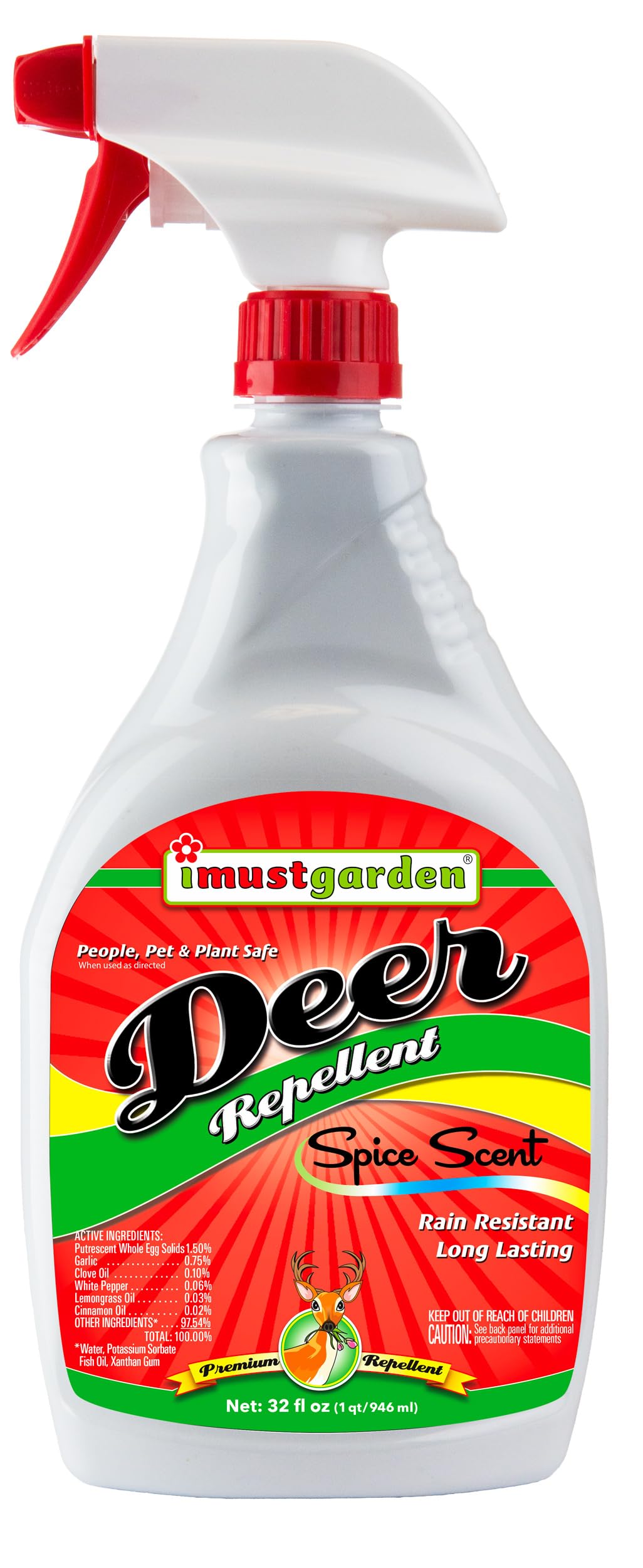IMUSTGARDEN 32oz bottle of deer repellent with spice scent protects garden plants.