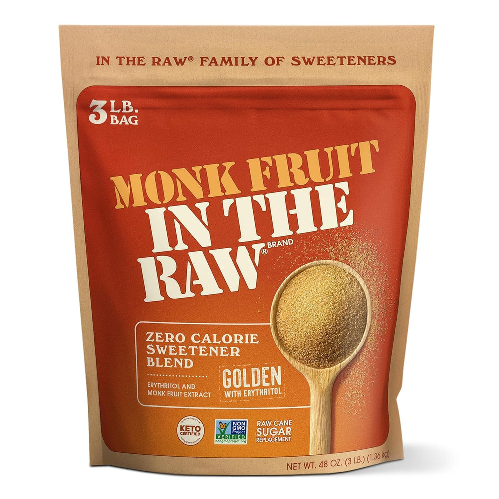IN THE RAW Golden Monk Fruit Bag 48oz—zero calories and zero net carbs for sugar-free baking.