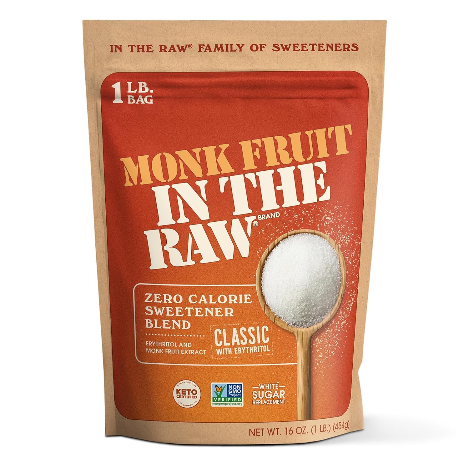 IN THE RAW Monk Fruit Baker's Bag 16oz ready for 1:1 sugar substitution in baking.