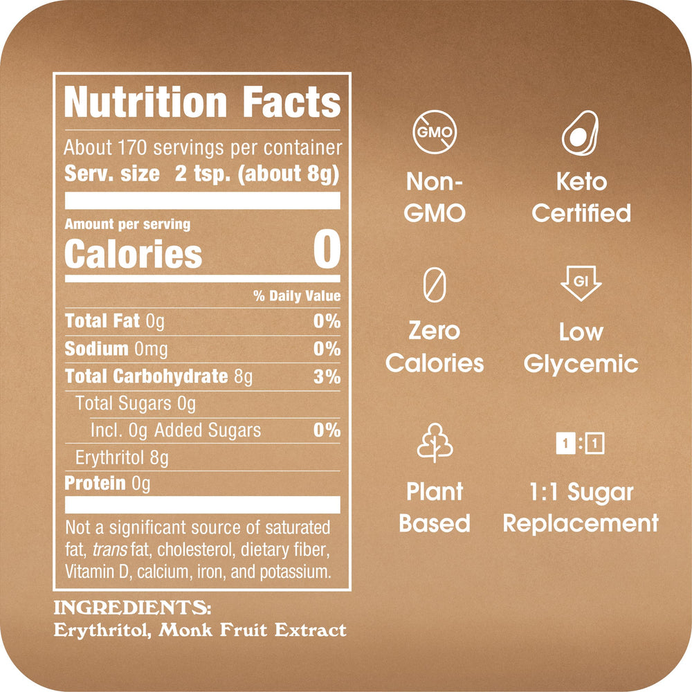 IN THE RAW Monk Fruit In The Raw baker-bag-measure demonstrates 1:1 sugar replacement.