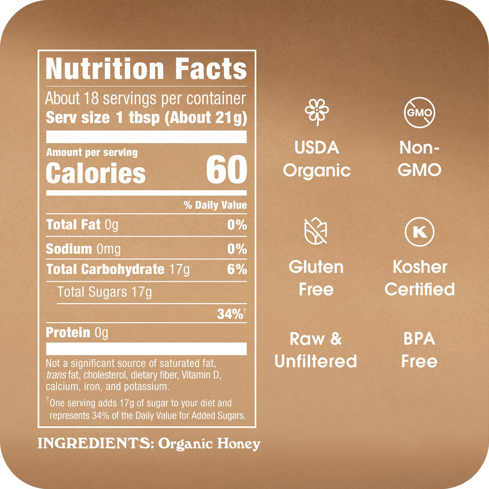 In The Raw Organic Honey 14oz bottle label detail showing purity and origin.
