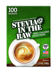 IN THE RAW Stevia packets box provides zero-calorie sweetness for coffee and tea.