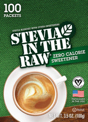 Closeup of IN THE RAW Stevia packets showing convenient sugar-free sweetness.