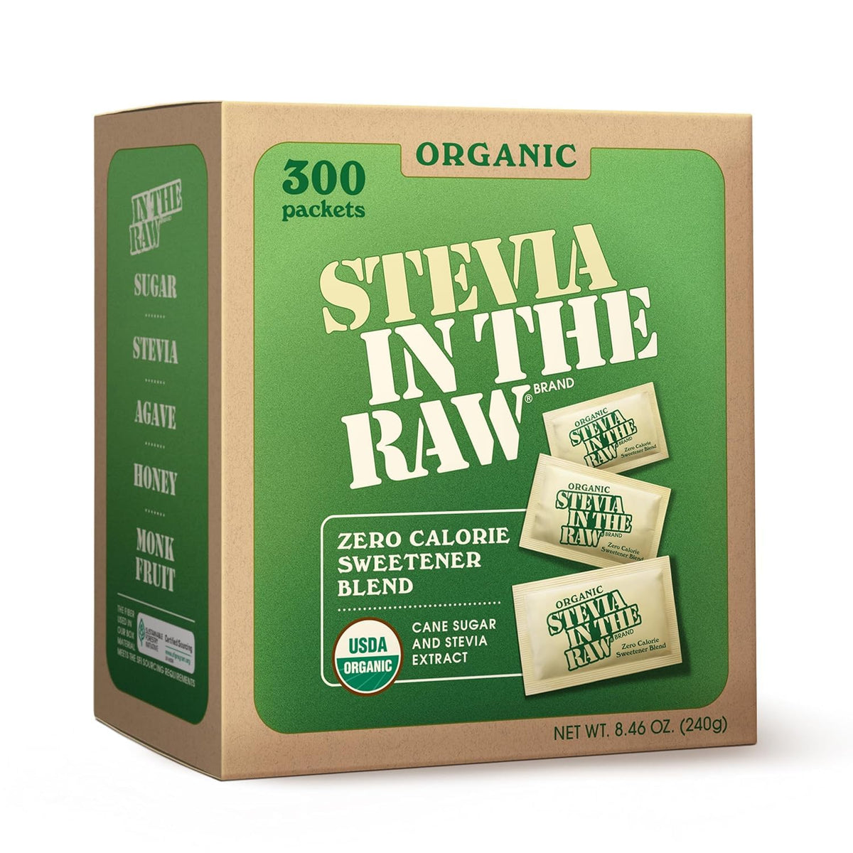 Stevia In The Raw packets dissolve easily for quick zero‑calorie sweetness in coffee.