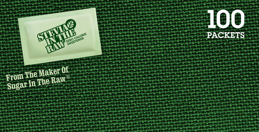 IN THE RAW Stevia packets in a coffee cup illustrating zero-calorie sweetener in hot drinks.