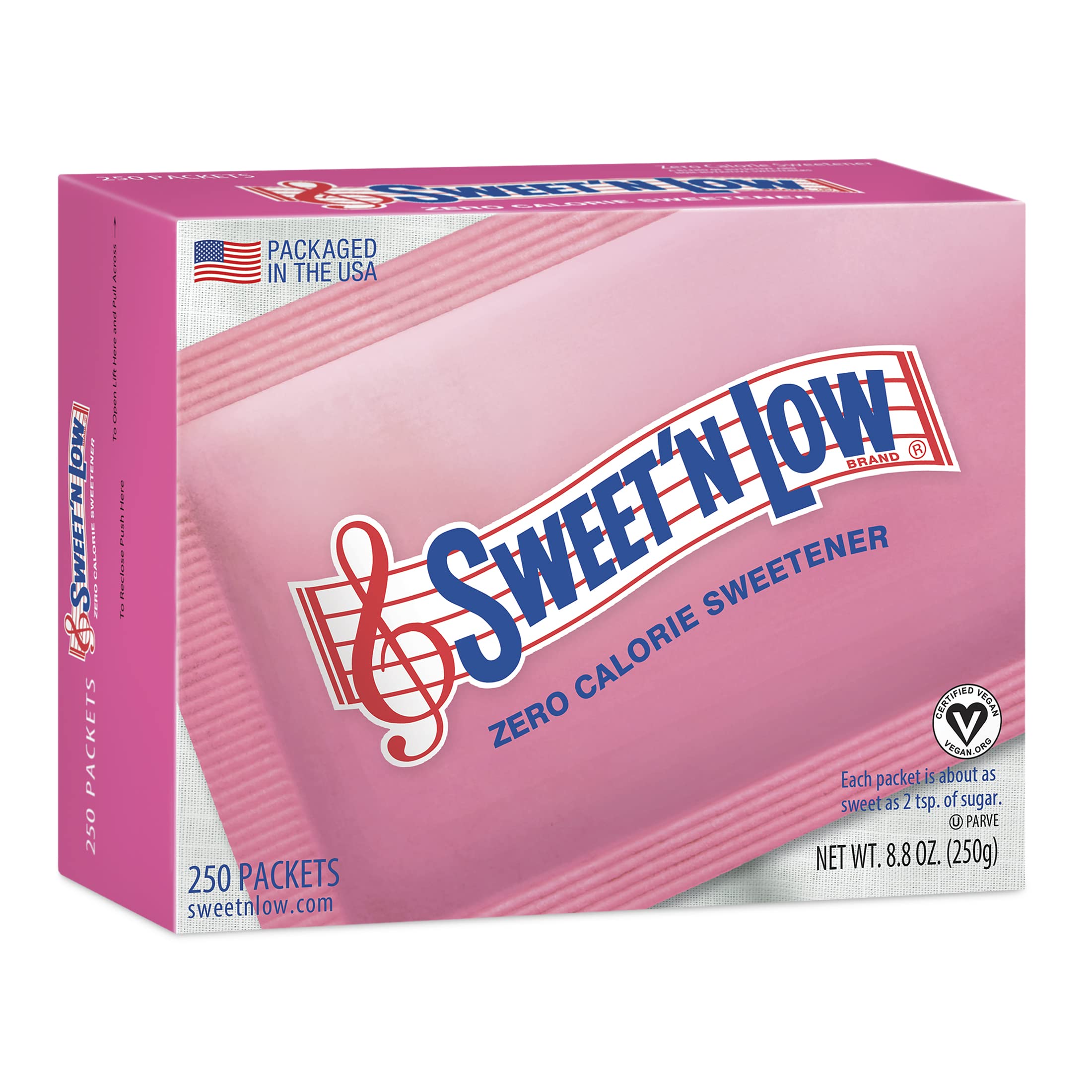 IN THE RAW Sweet'N Low coffee packets beside a cup for calorie-free sweetness.