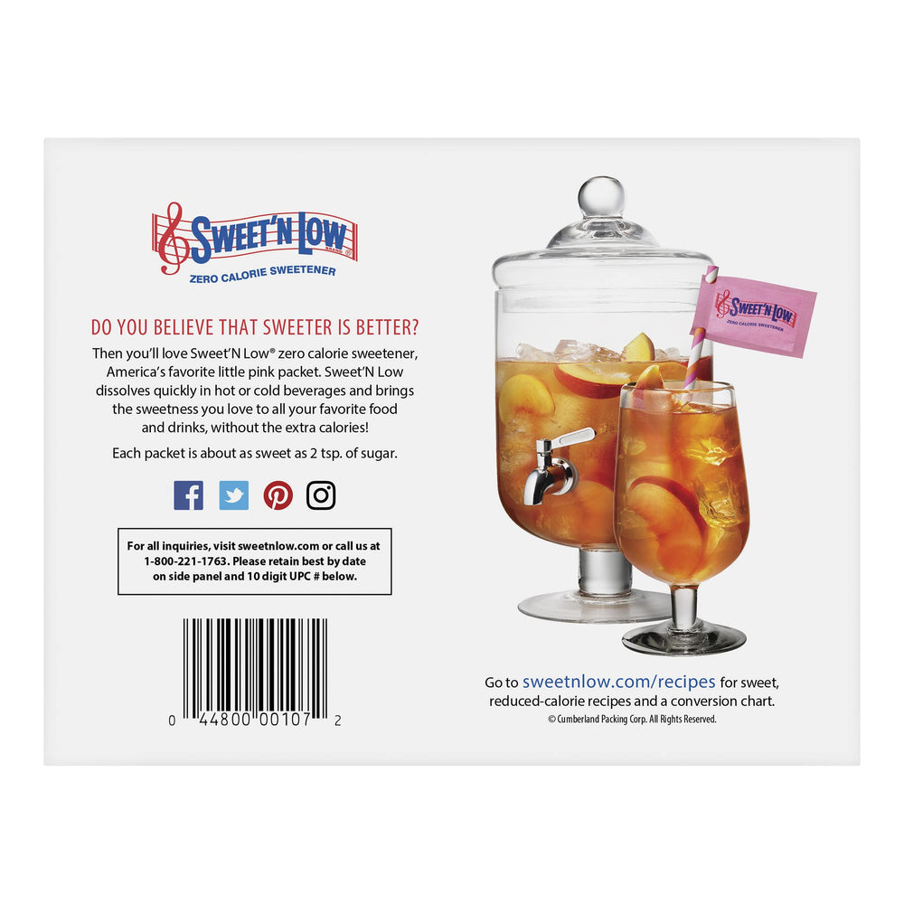 IN THE RAW Sweet'N Low tea packets shown with a teacup for refreshing, sugar-free flavor.