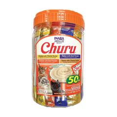 INABA Churu beef-cheese tube shown as a savory, hydrating cat treat.