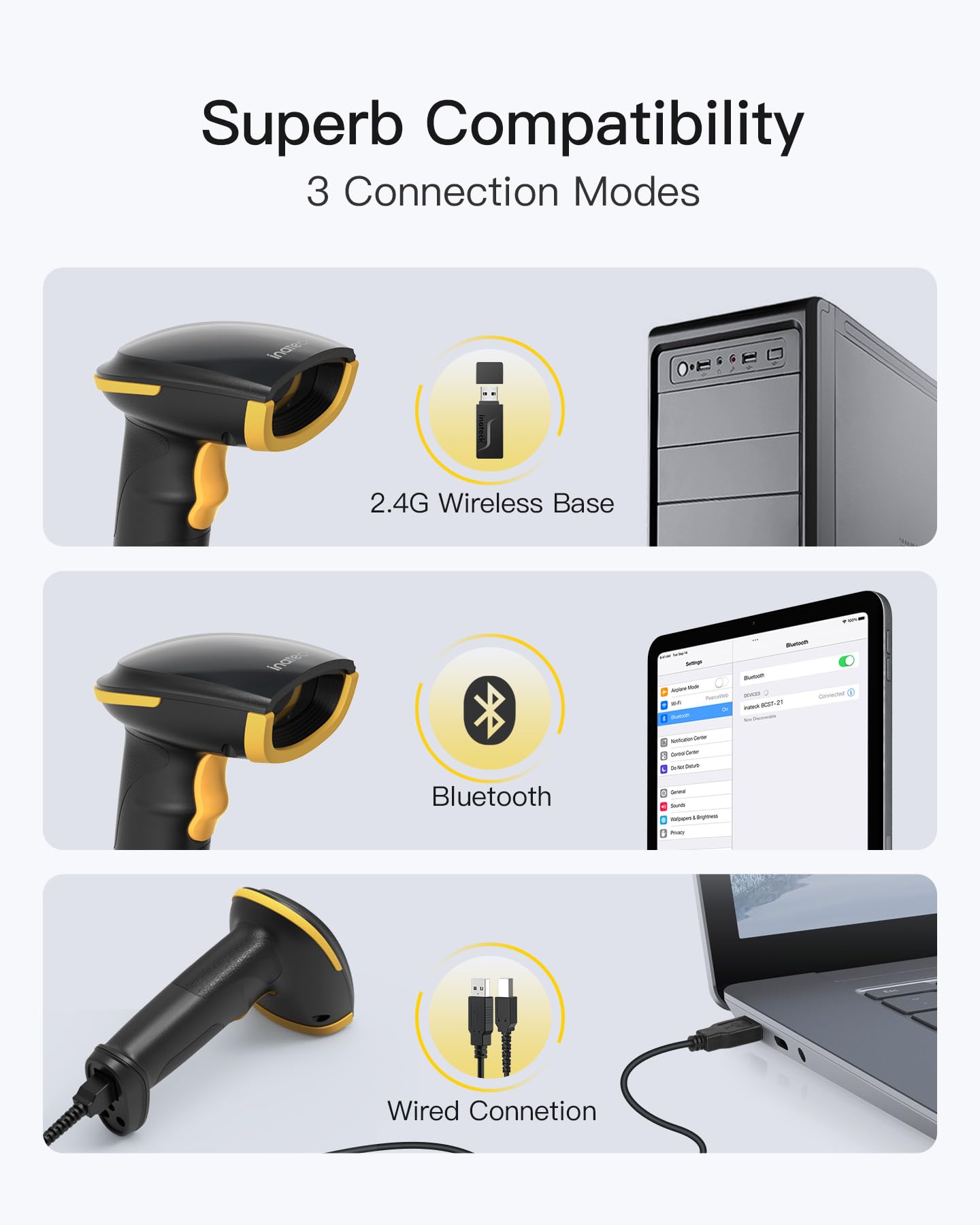 Inateck barcode scanner connected across Windows, Mac, iOS, Android, Linux