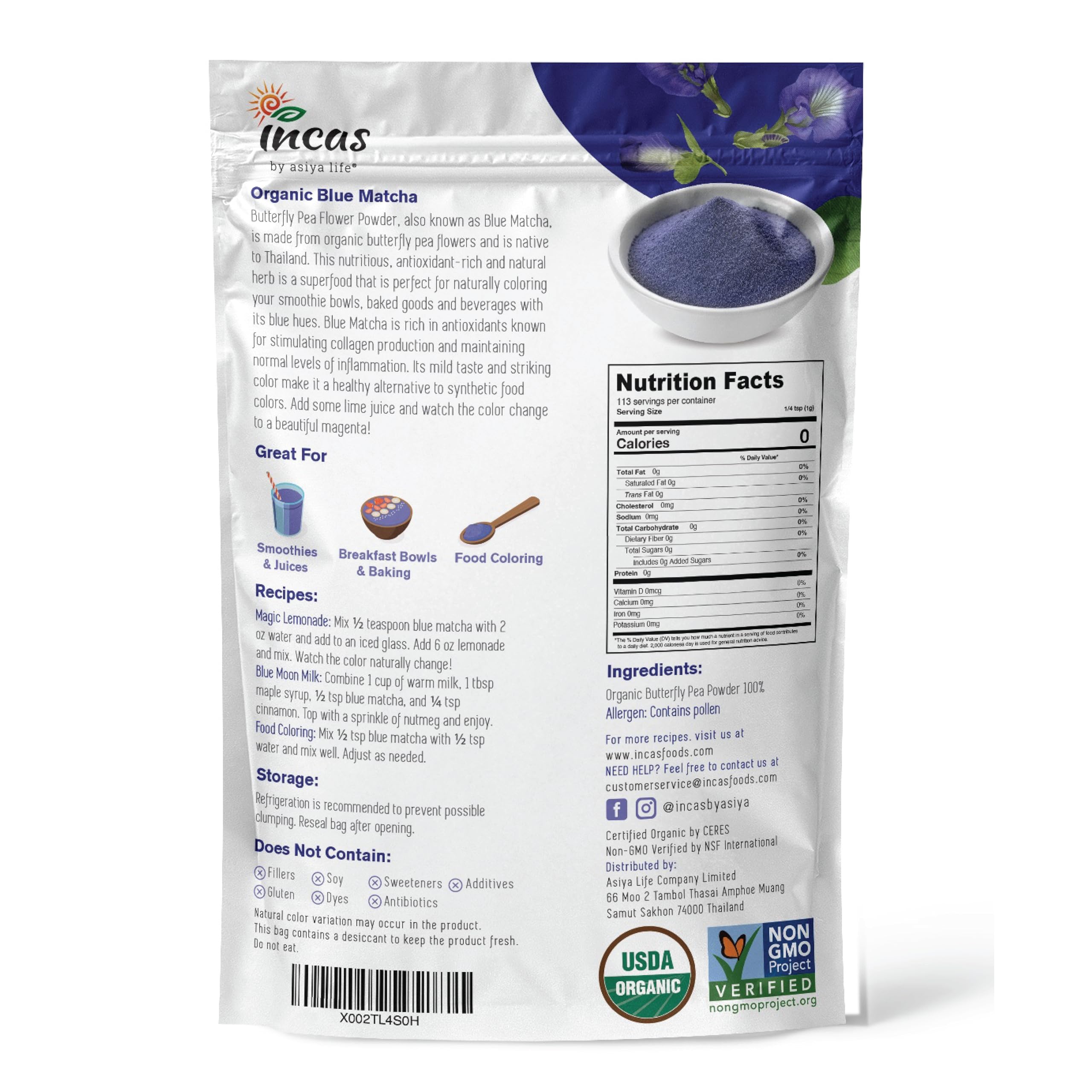 Incas Blue Matcha Tea Powder cup for natural color in beverages.