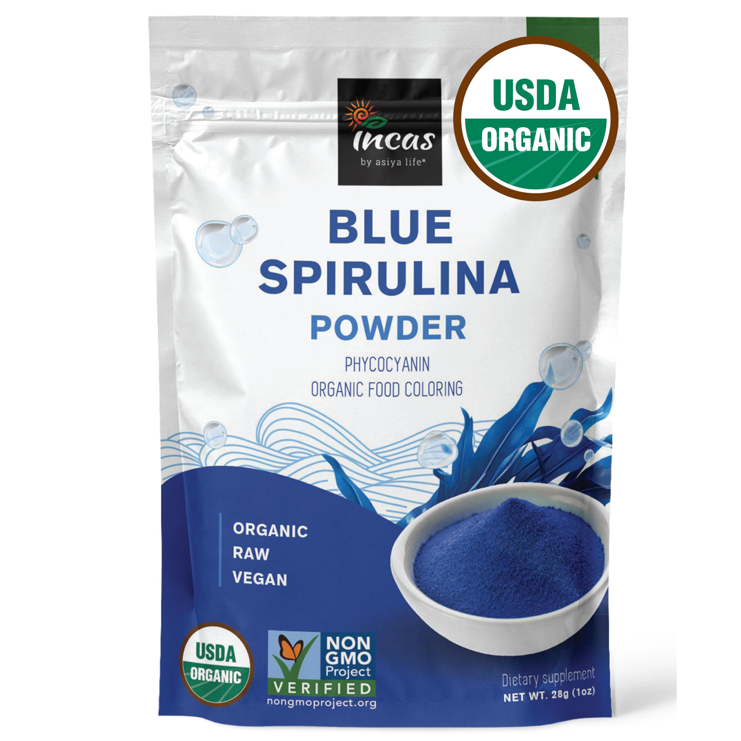 Incas by Asiya Life blue spirulina powder bottle; enhances smoothies with natural color.