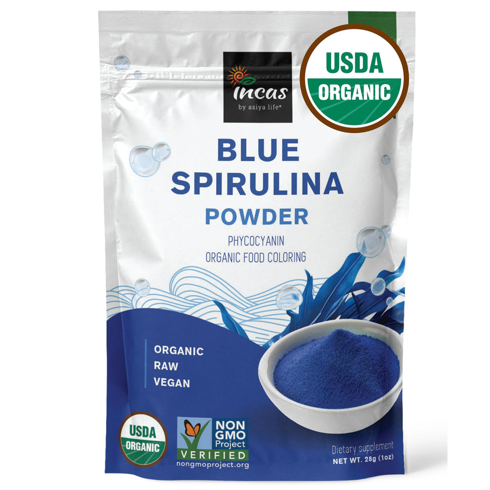 Incas by Asiya Life blue spirulina powder bottle; enhances smoothies with natural color.