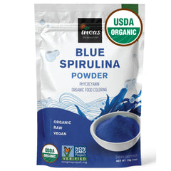 Incas by Asiya Life blue spirulina powder bottle; enhances smoothies with natural color.