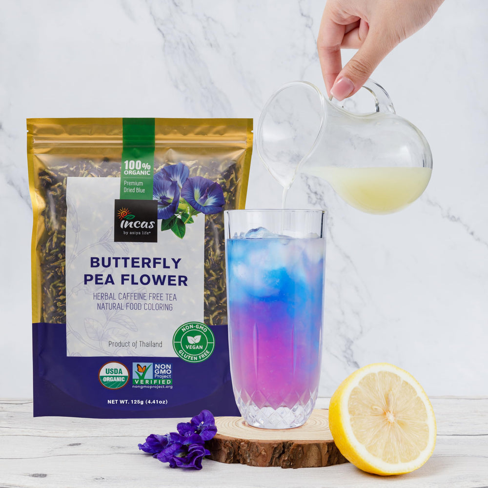 Blue Incas butterfly pea tea in cup demonstrating natural coloring