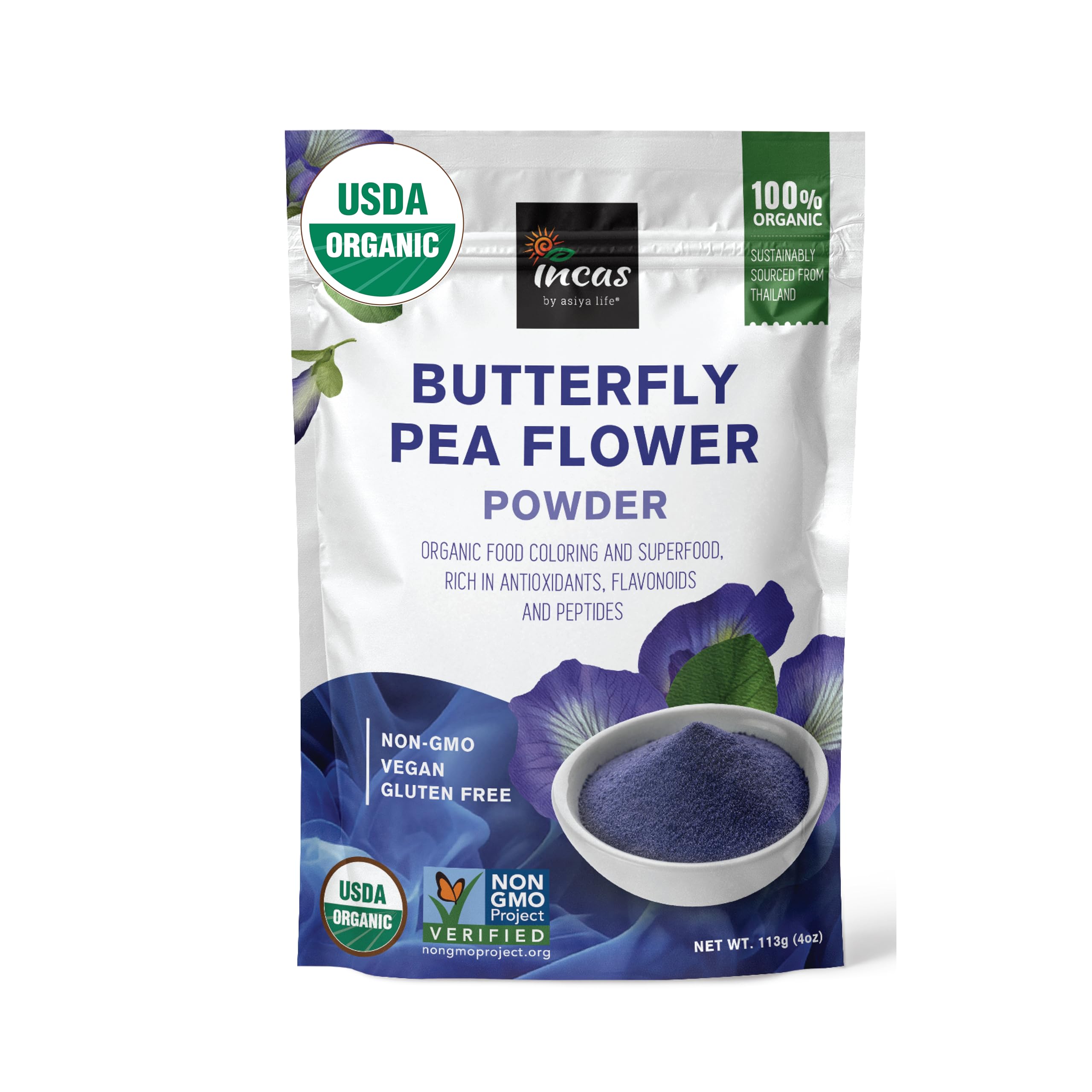 Incas Butterfly Pea Flower Powder bottle, USDA organic, ideal for vibrant kitchen coloring.