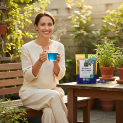 Brewed Incas butterfly pea tea shows natural blue color