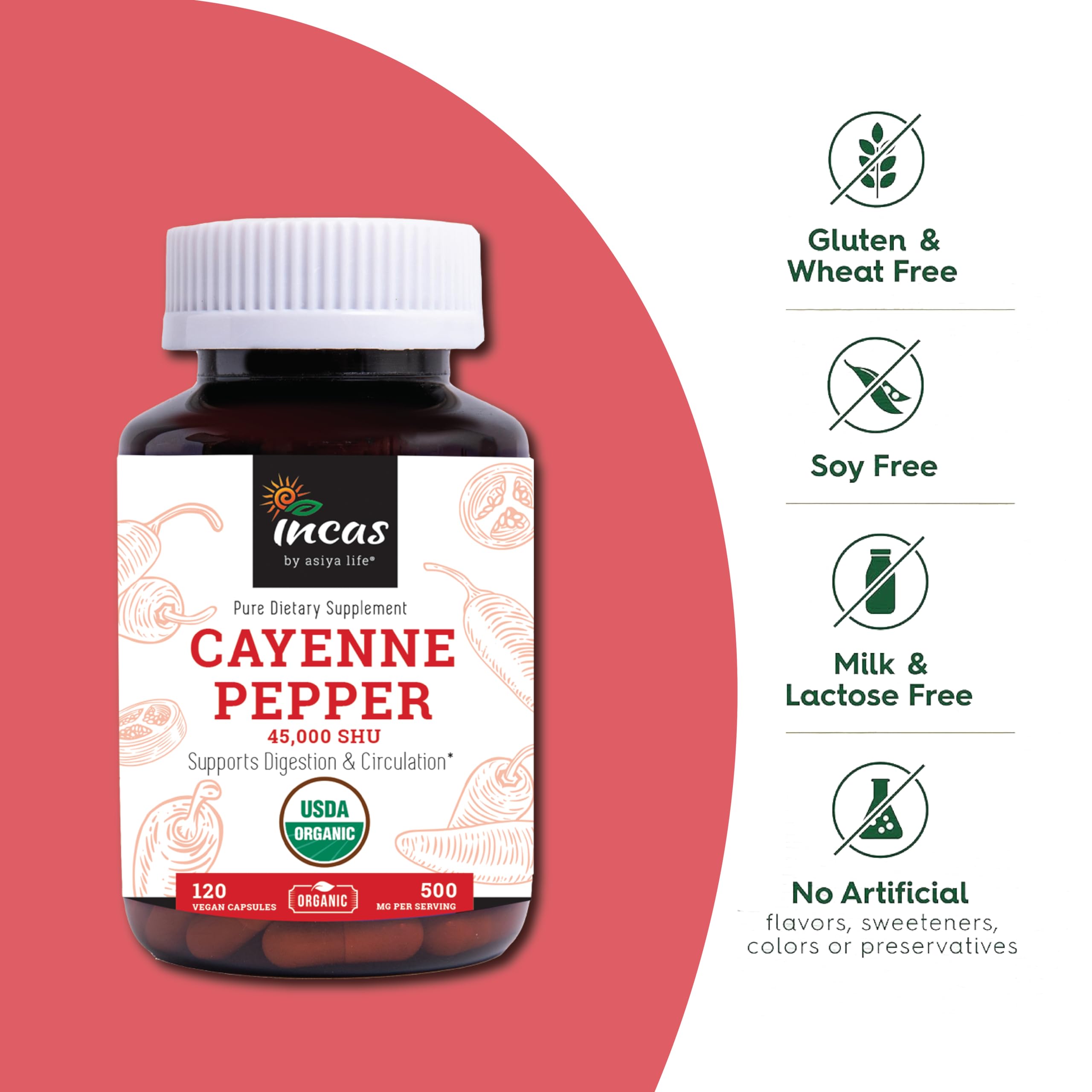 Capsules inside the Incas bottle indicate vegan, plant-based pullulan capsules for clean servings.