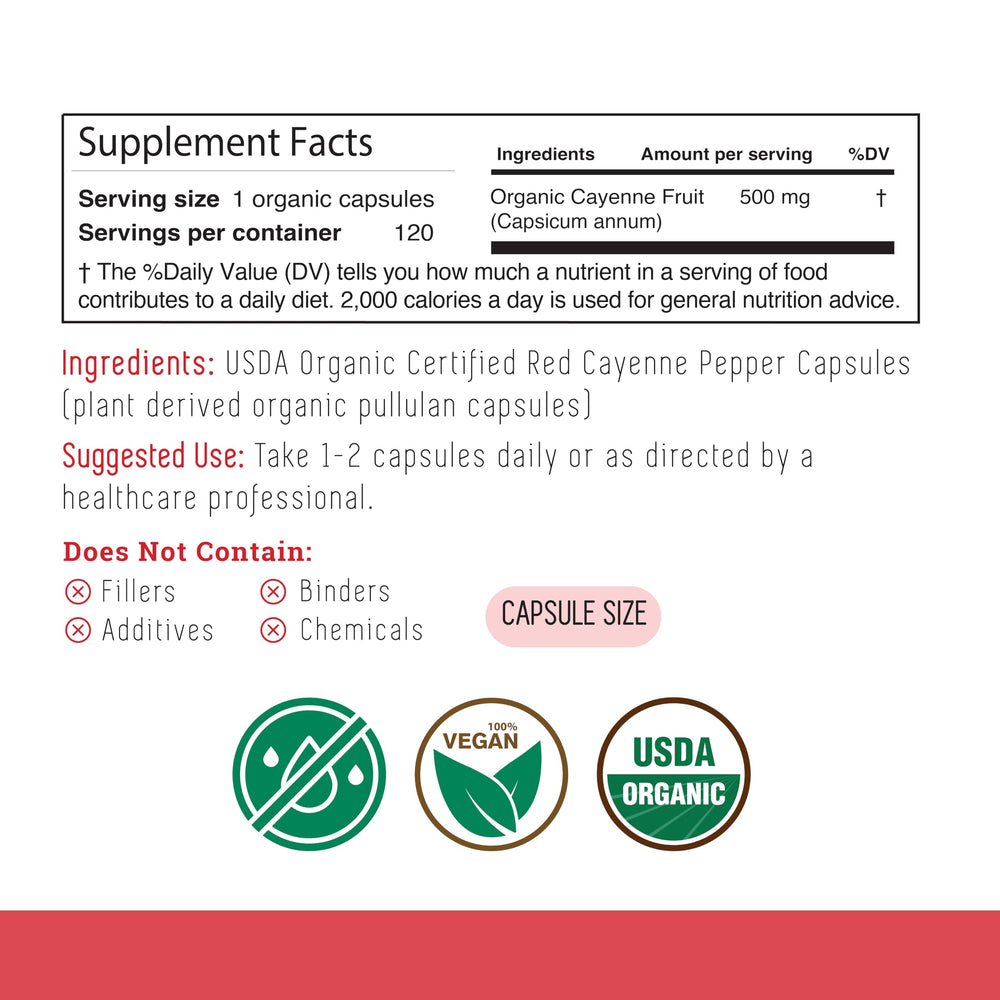 Close-up of Incas cayenne label highlighting USDA Organic certification and clean ingredients.