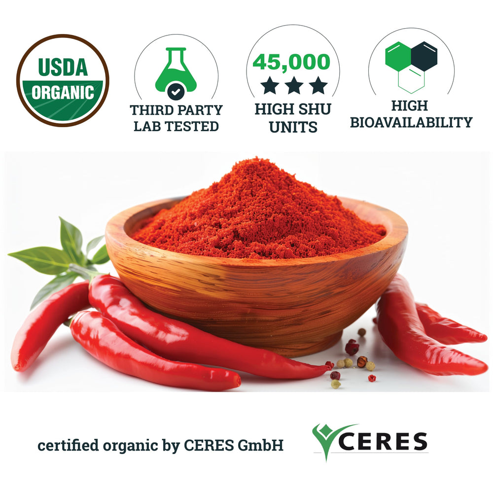 Close-up of cayenne pepper powder to convey potency and 45,000 SHU.