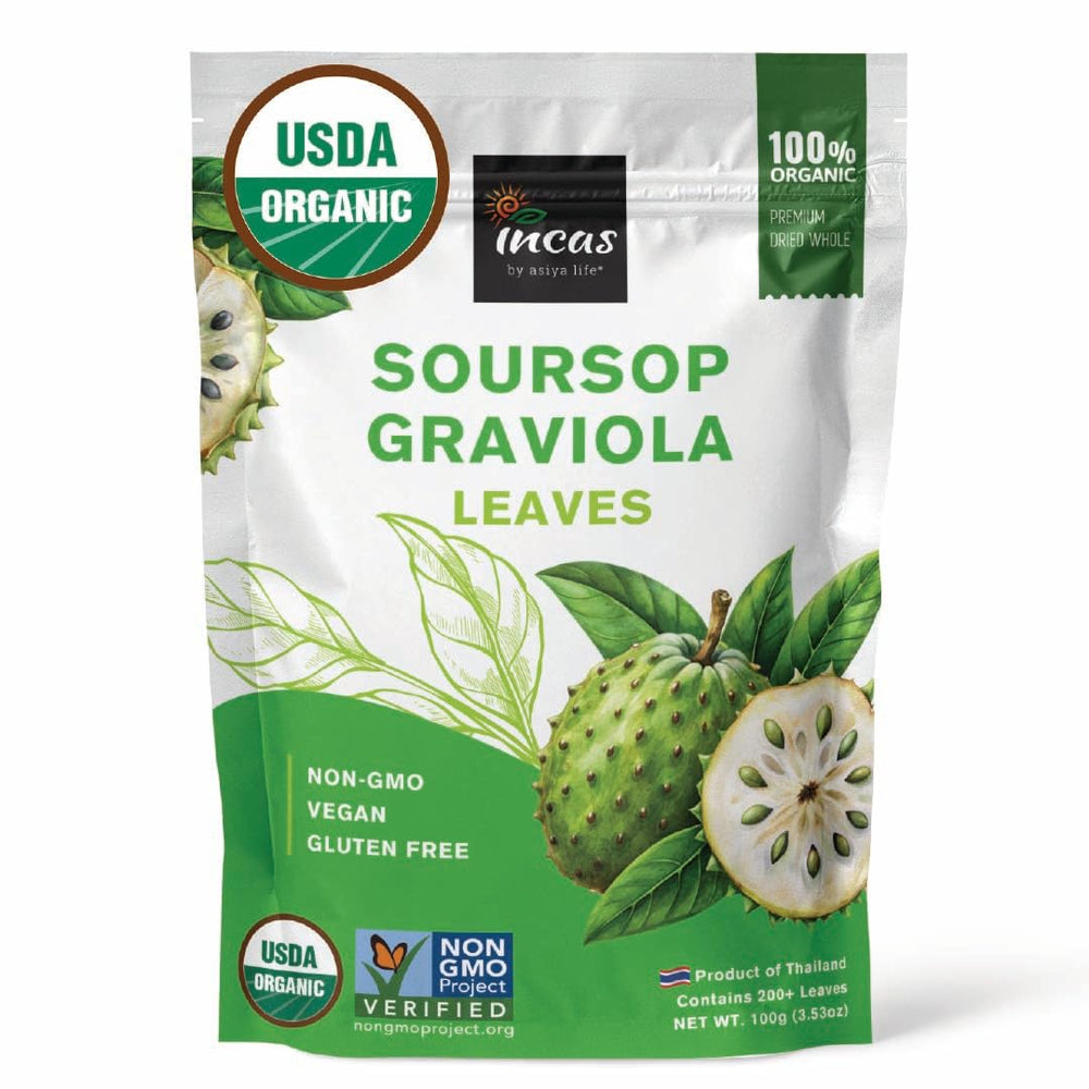 Packaging seal on Incas by Asiya Life soursop leaves preserves freshness.