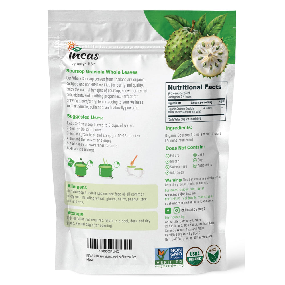 Incas by Asiya Life soursop leaves vacuum-packed maintain freshness and flavor.