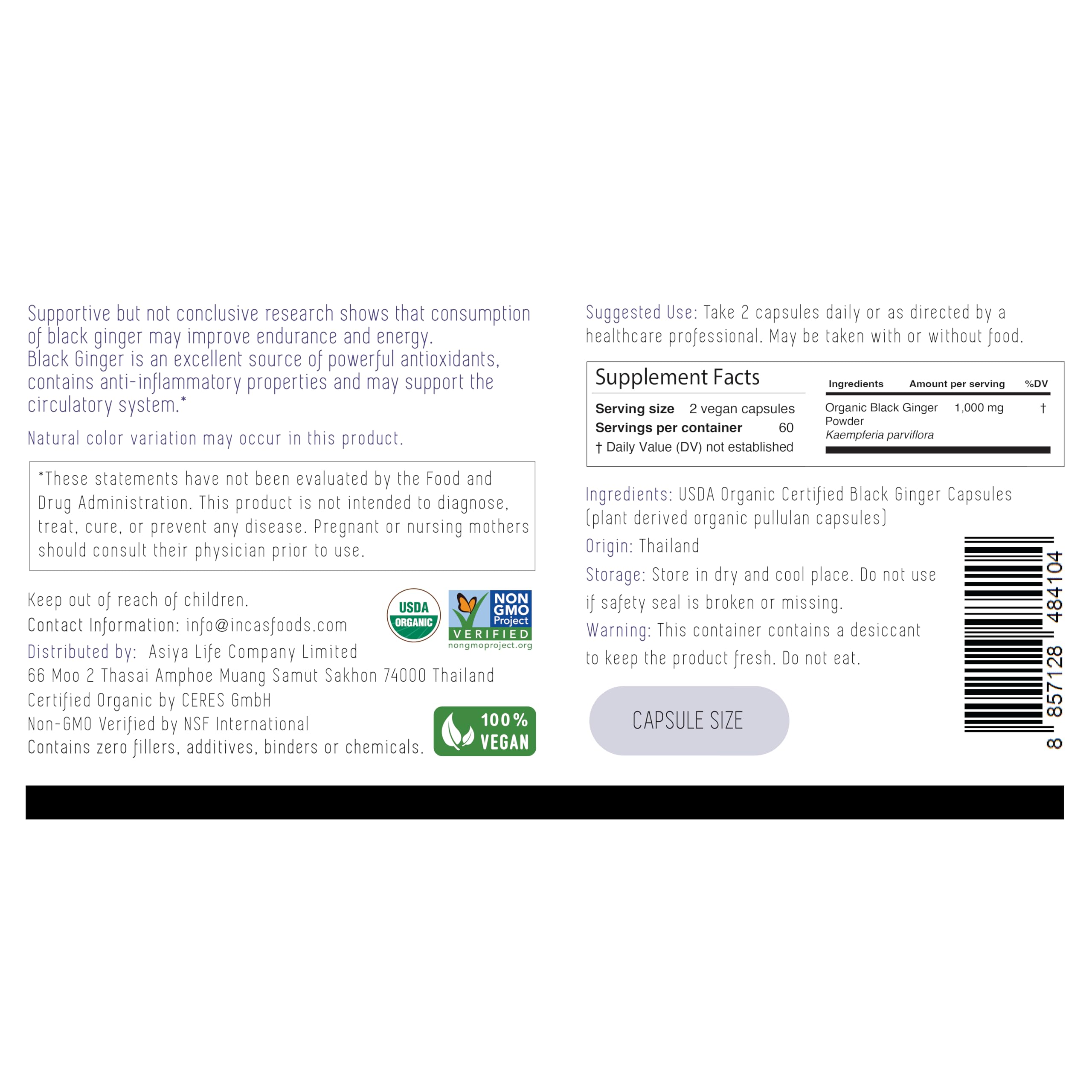 Incas by Asiya Life Thai Black Ginger capsules close-up showing plant-based shell