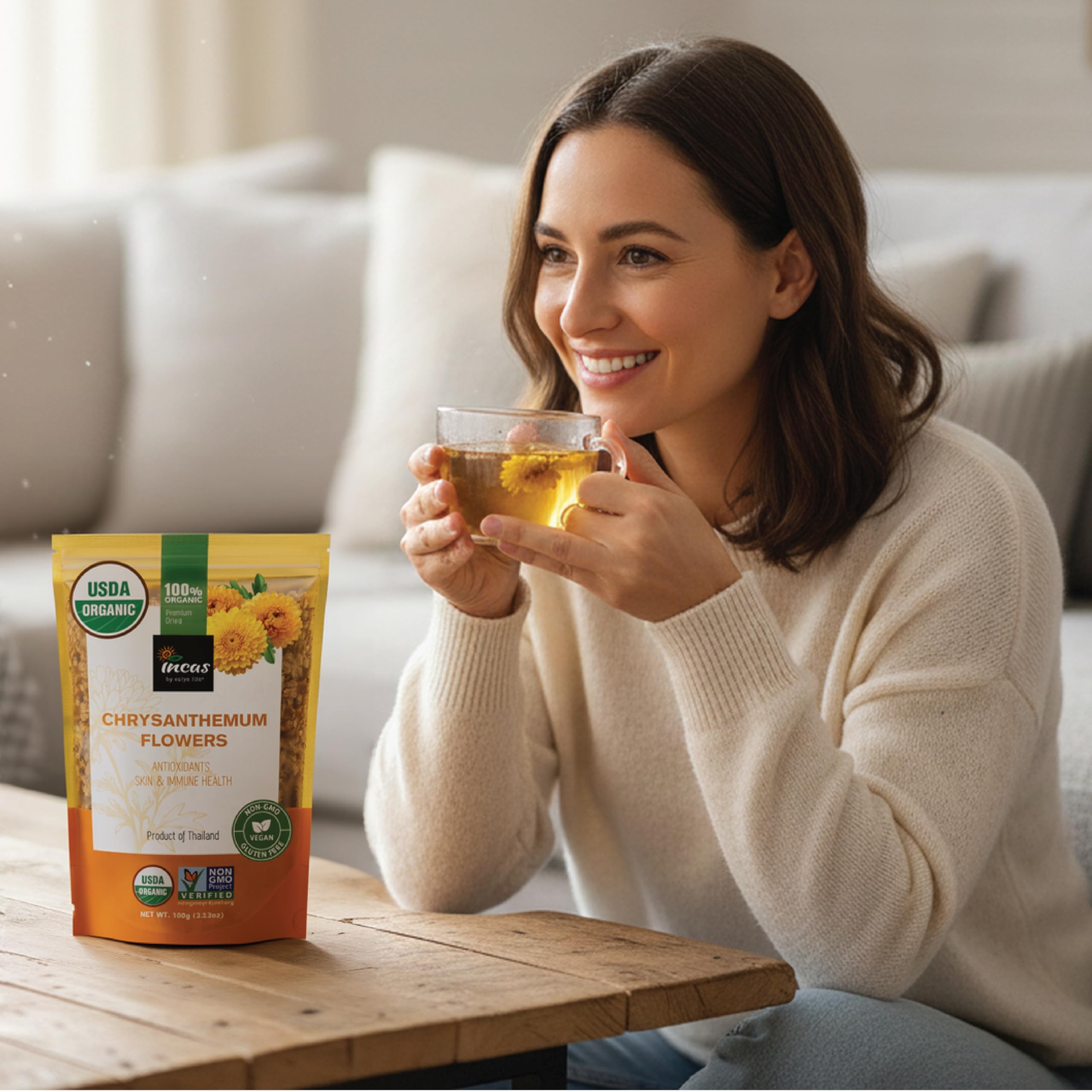 Incas Chrysanthemum Tea brew in cup depicts soothing, caffeine-free beverage for evenings.