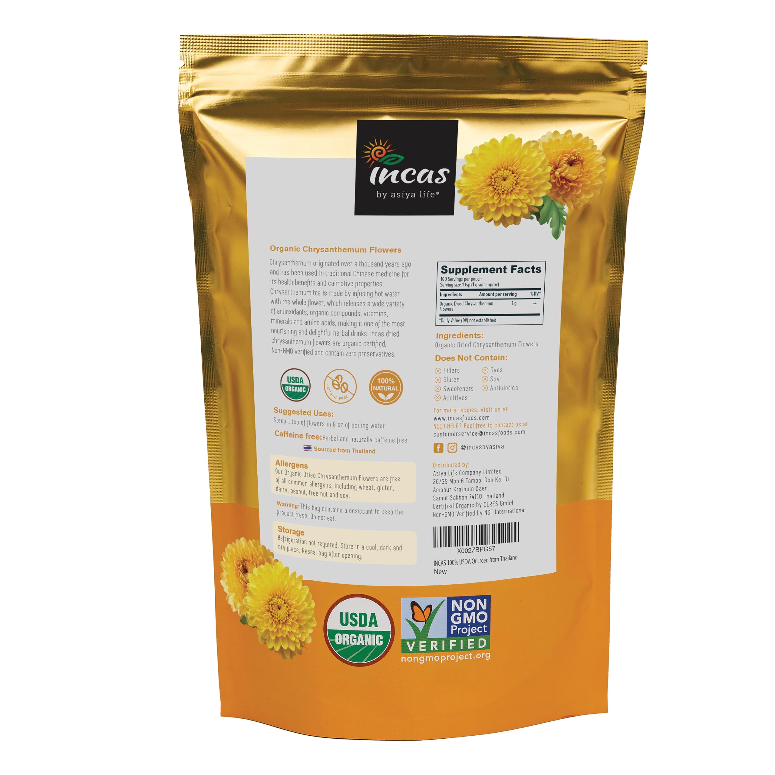 Incas Chrysanthemum Tea dried flowers highlight natural aroma and caffeine-free relaxation potential.
