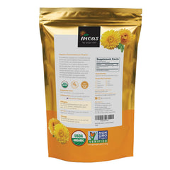 Incas Chrysanthemum Tea dried flowers highlight natural aroma and caffeine-free relaxation potential.